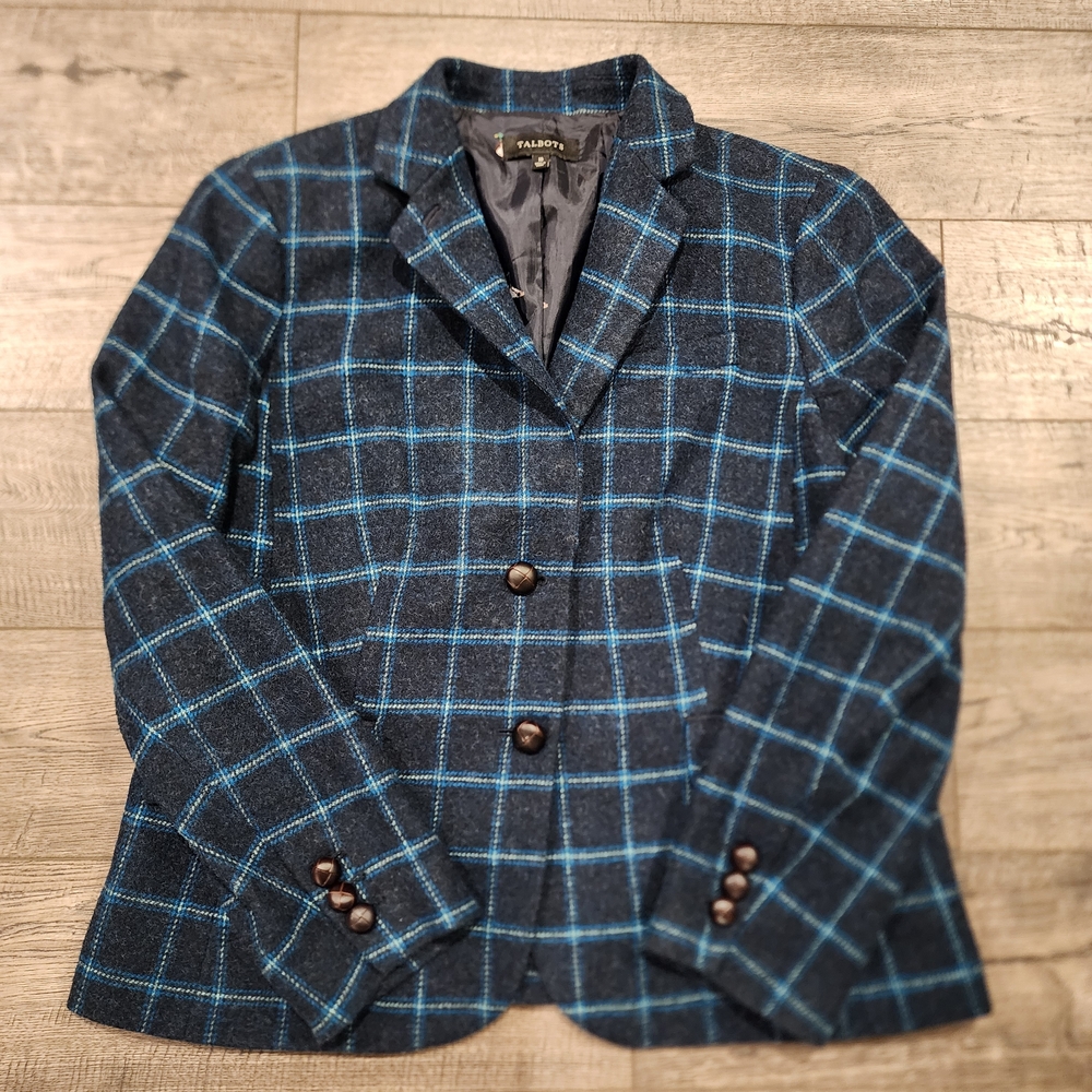 Talbots Women's Blue Plaid Wool Blend Blazer Jacket Duck Print Lining Size 16